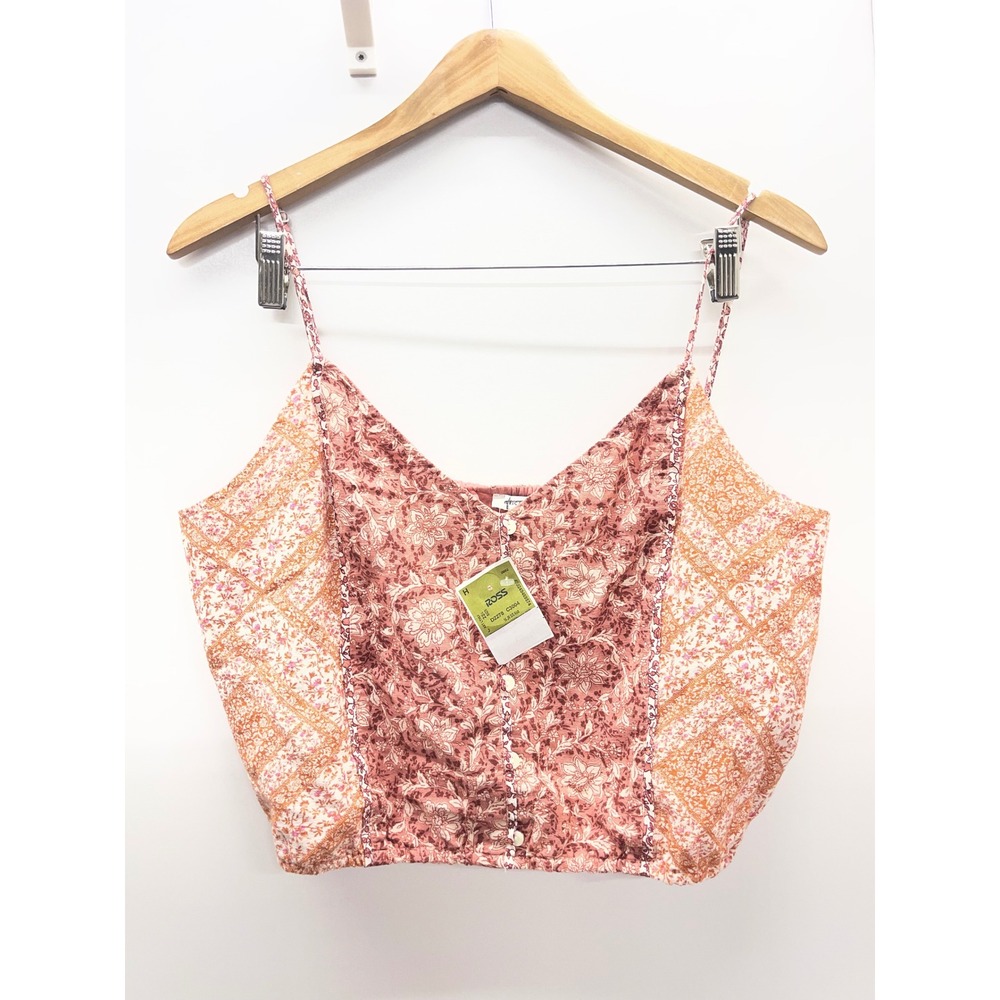 American Eagle Floral Patchwork Button Front Crop Cami Top Pink Orange XL NWT
